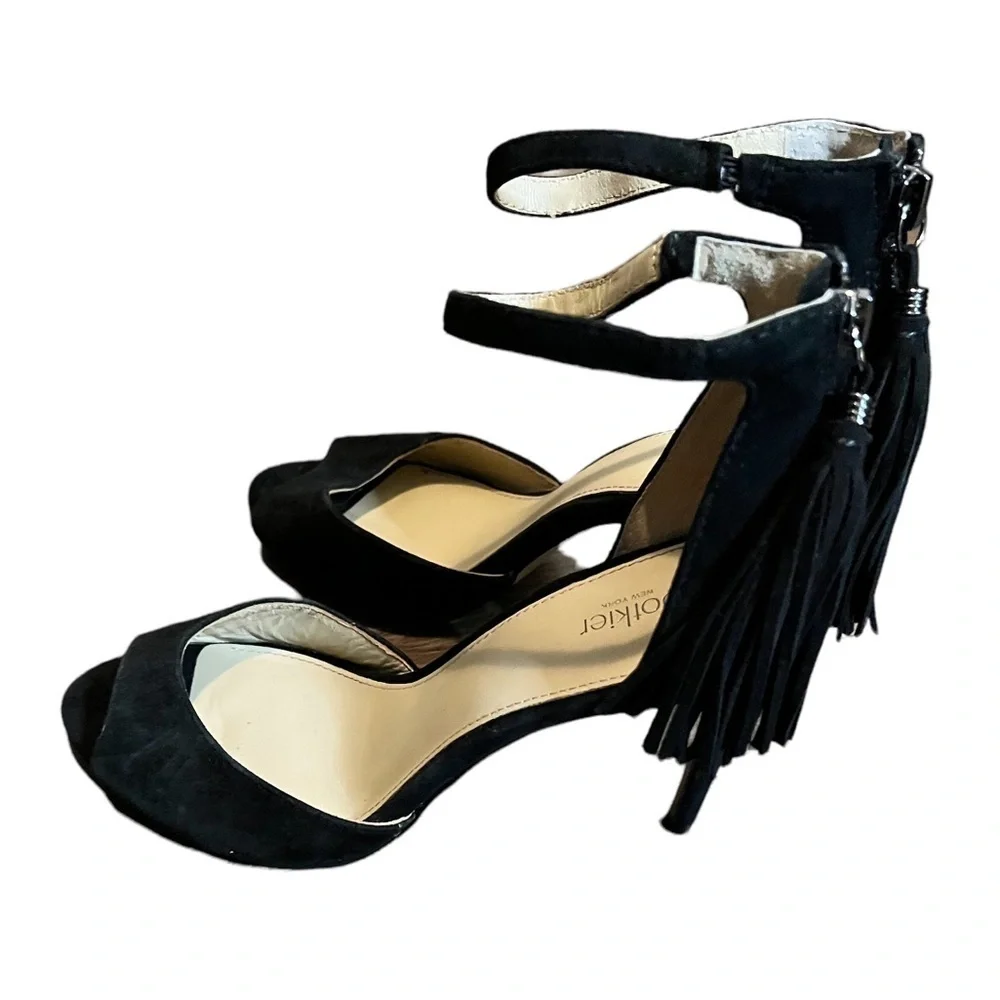 Women’s Botkier Peep Toe Heels Size 8 Black Suede Zip Back Tassels